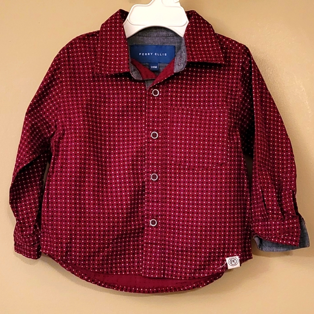 Perry Ellis polka dot cotton burgundy button down shirt